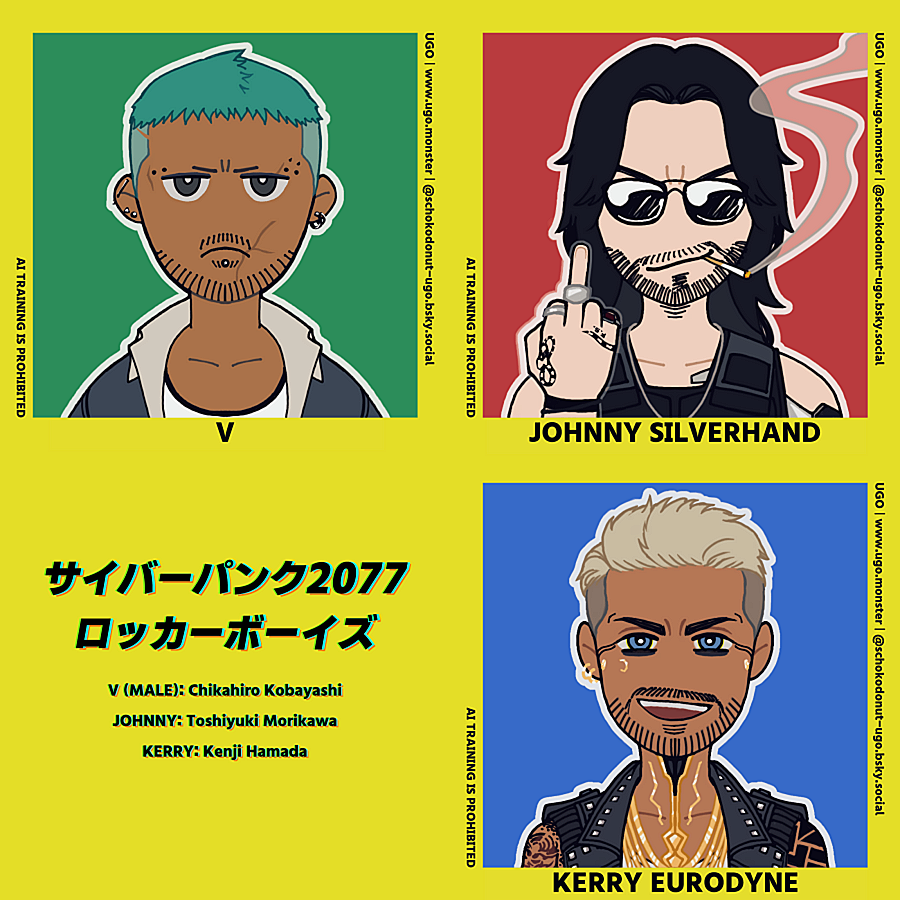 サイバーパンク2077 V、ジョニー、ケリー アイコン風デフォルメ ファンアート