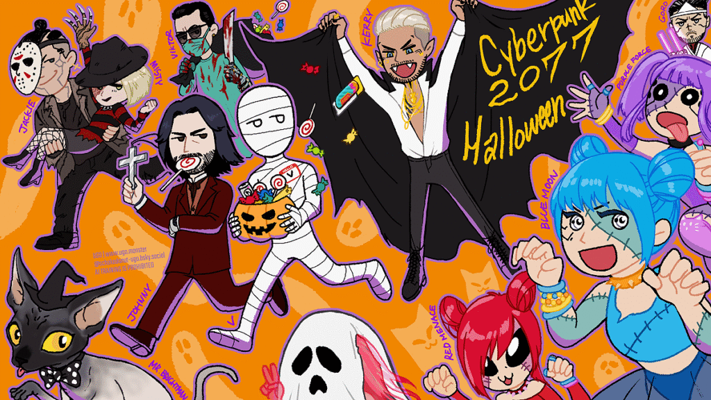 サイバーパンク2077 ミニキャラハロウィン仮装絵 ジャッキー(ジェイソン)、ミスティ(フレディ)、ヴィクター(血まみれ医者)、ミスター・ブライトマン(魔法使い帽子)、ジョニー(ジョナサン・ハーカー)、V(ミイラ)、ケリー(ヴァンパイア)、アス・クラックス(ゾンビ)、ゴロウ・タケムラ(死装束)