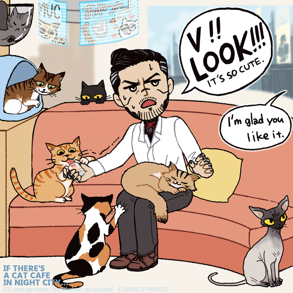サイバーパンク2077 架空猫カフェで猫たちに膝で練られたり、おやつをねだられたりして魅了されて「V!!見ろ!!!とても可愛い」と言っているゴロウ・タケムラ。Vは気に入ってくれてよかったよの塩対応。
