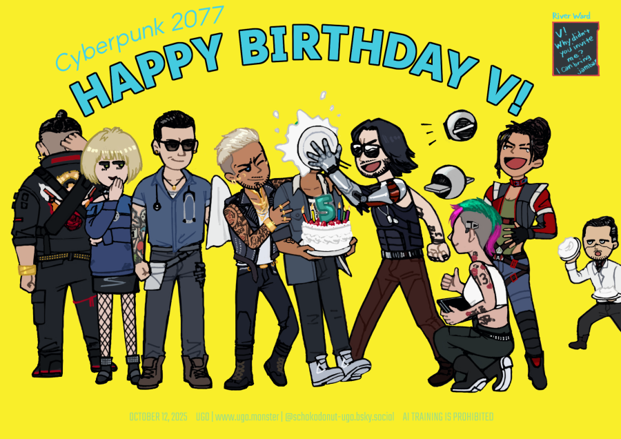 サイバーパンク2077 Vお誕生日おめでとうミニキャラ絵、ジャッキー、ミスティ、ヴィクター、ケリー、V、ジョニー、ジュディ、パナム、タケムラ。リバーはいません