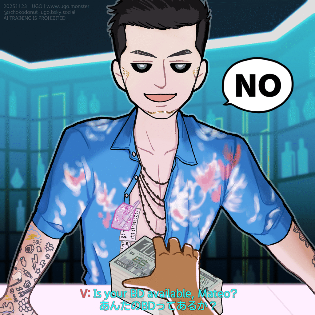 リジーズバーのバーテンダー、マテオに「あんたのBDってあるか？」とエディーの札束出して聞くV