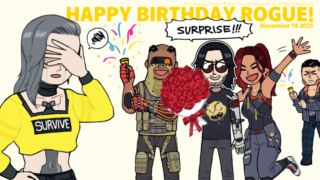 サイバーパンク2077 ファンアート ローグの誕生日を祝うアフターライフメンバー。Vにジョニーのお面と左腕を模した紙をくっつけて「サプライズ！」とか言っているクレアとクリスピン・ウェイランド。そのすこし後ろにバウンサーのエメリック。Vはその格好でバラの花束をローグに差し出している。呆れ果てるローグさん(全員あとで土下座確定)