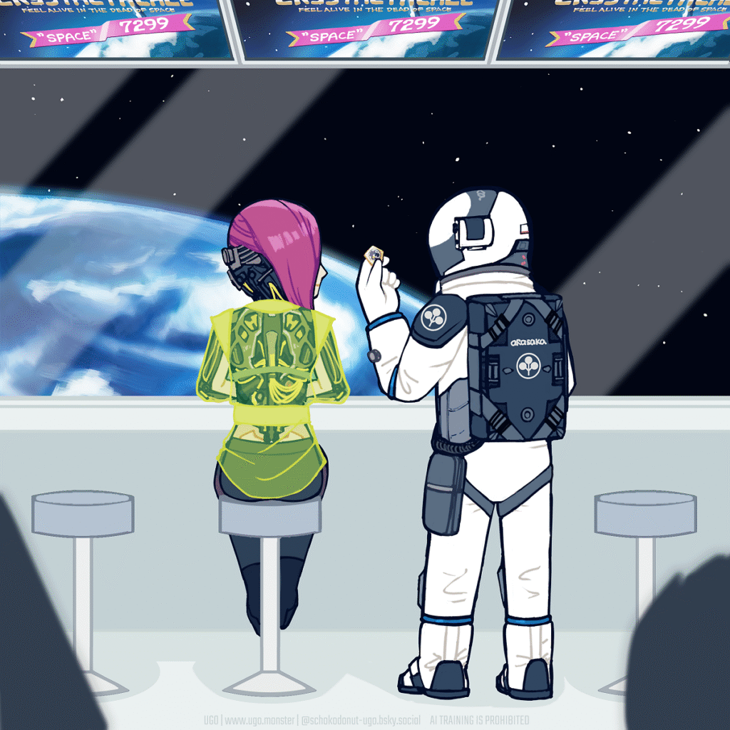 サイバーパンク2077 宇宙ステーションの窓辺に座るピンクの髪で背中一面クロームになっている女性と、宇宙服を着てティコのメタルピンを持っている人物