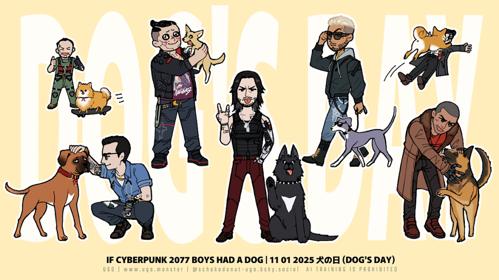 サイバーパンク2077 もし男性キャラたちが犬を飼ってたら ミッチ(ポメラニアン)、ヴィクター(ボクサー)、ジャッキー(チワワ)、ジョニー(ベルジアン・シェパード・グローネンダール)、ケリー(イタリアン・グレイハウンド)、リバー(ジャーマン・シェパード)、ゴロウ・タケムラ(柴犬)