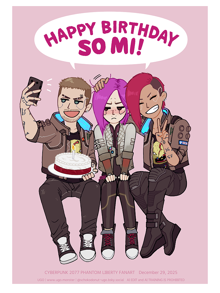 男性Vと女性Vに挟まれているお祝いされているソミ(ソングバード)。
左の男性Vはケーキを持って、スマホで記念撮影している。
右の女性Vはソミの頭を撫でながら、笑顔でピース。
ソミは二人にぎゅっと挟まれてむっとした表情をしているものの、顔は赤くなって照れている(ｶﾜｲｲ)

So Mi (Songbird) is being celebrated between male V and female V.
Male V on the left is holding a cake and taking a commemorative photo with his smartphone.
Female V on the right is patting So Mi's head and smiling with a peace sign.
So Mi looks sulky as she's tightly sandwiched between the two, but her face is blushing (c u t e)