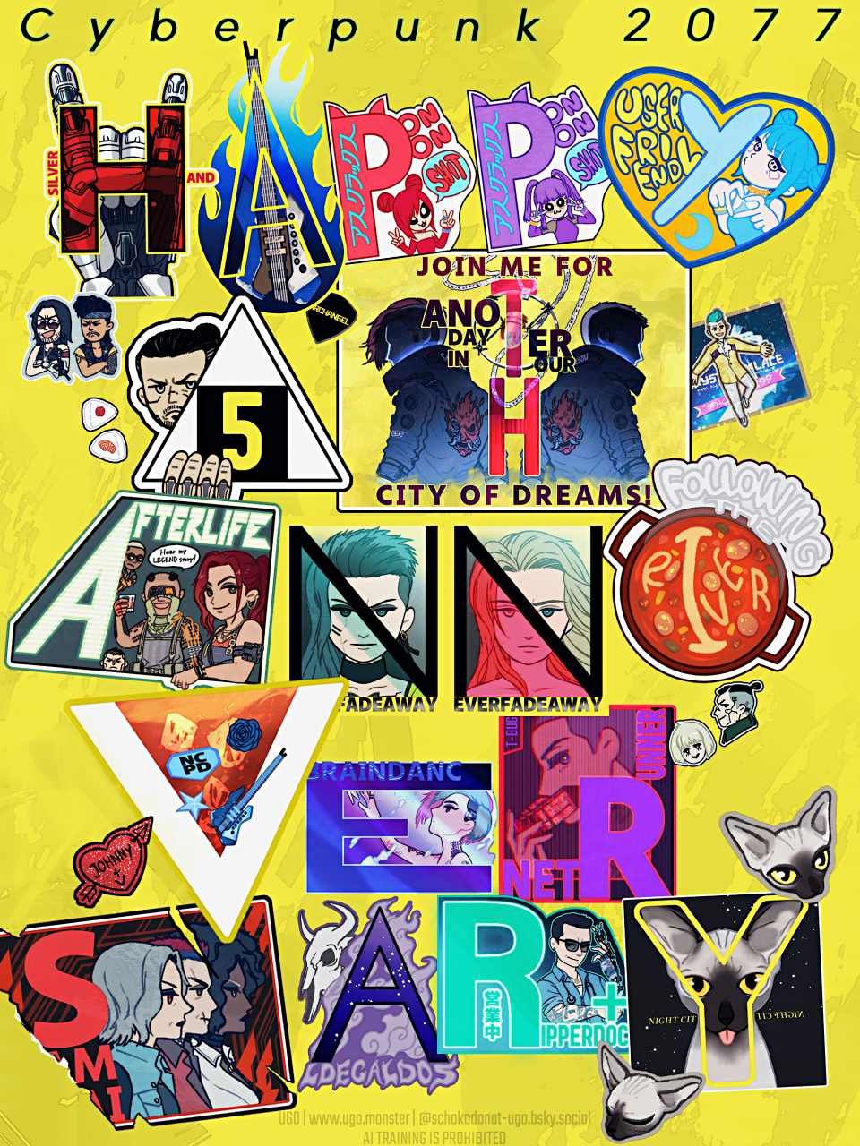 サイバーパンク2077 5周年ファンアート キャラクターとサイバーパンク2077の要素でステッカー風にした HAPPY 5TH ANNIVERSARY の文字