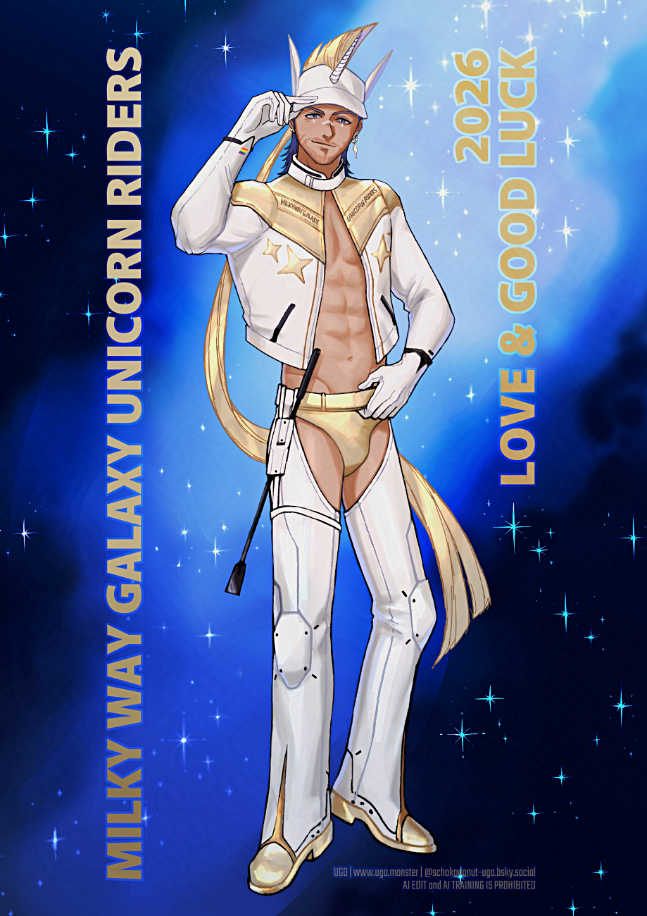 MILKY WAY UNICORN RIDERS, 2026 LOVE & GOOD LUCK の文字と褐色の男性OC。 白とゴールドの服を着ていて、ユニコーンの耳と角、たてがみを模した白い帽子をかぶっている。 男性の髪と眉は青紫、目は青色。右手で帽子を少し上げこっちを見て笑いかけている。