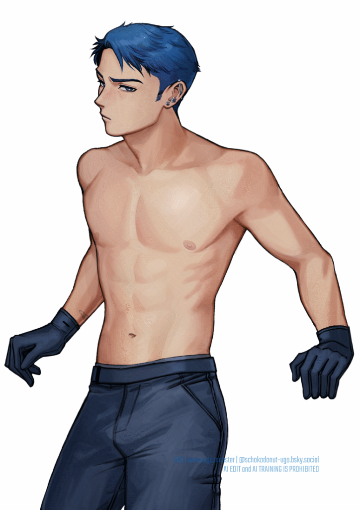 OCケイデン・キュビワノのポートレート。頭から太腿あたりまでが描かれていて、上半身は裸、ブルーブラックの制服風ボトムスと、同色の手袋のみ着用。 顔はすこし左に向いているが、目線はこちらに向けている。ケイデンらしい少し不満そうな顔。しかし敵意はない。 A portrait of OC Caden Qubewano. He is depicted from head to thigh, naked from the waist up, wearing only uniform-style blue black bottoms and same color gloves. His face is turned slightly to the left, but his gaze looking towards the viewer. He has a slightly dissatisfied expression, typical of Caden, but there is no hostility.