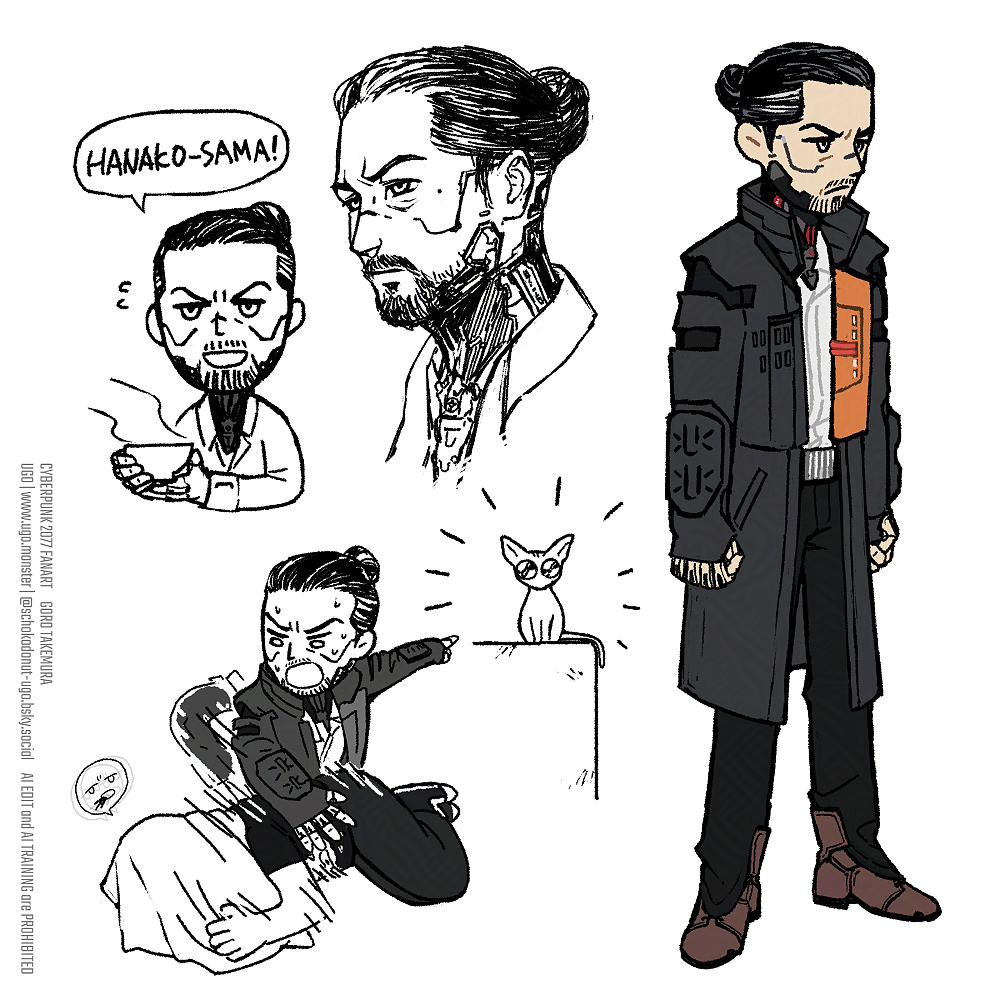 ゴロウ・タケムラのイラスト4つまとめ。
ミニキャラで3つ。全身絵(コートを着ているタケムラ)、ハナコ様にお茶を出すタケムラ、猫を見つけたので具合悪いVにはんぱねー勢いで猫を見せようとしてくる誇張タケムラ。
あと1つはリアルなタケムラの顔イラスト。

Four illustrations of Goro Takemura.
Three are small size comiclike characters. A full-body drawing (Takemura wearing a coat), Takemura serving tea to Hanako-sama,  and an exaggerated Takemura who has found a cat and is trying with incredible enthusiasm to show it to "almost dying because of the relic" V.
The last one is a realistic illustration of Takemura's face.