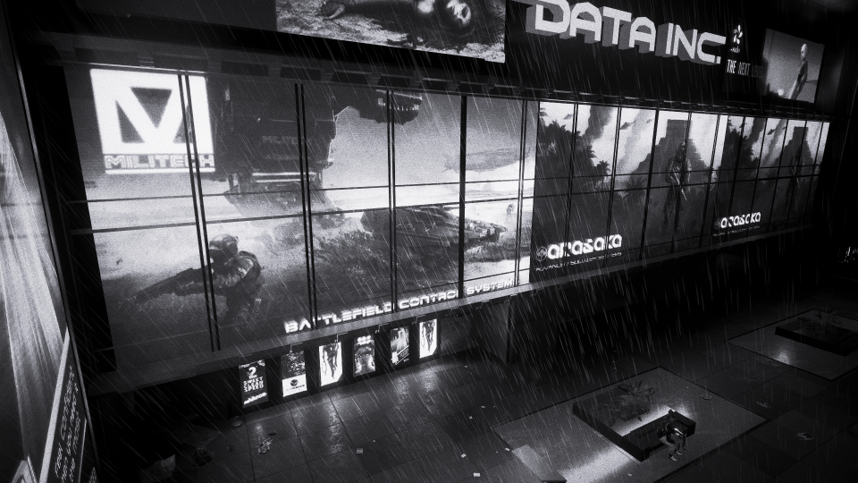 ナイトシティの景色 ミリテクとアラサカの看板