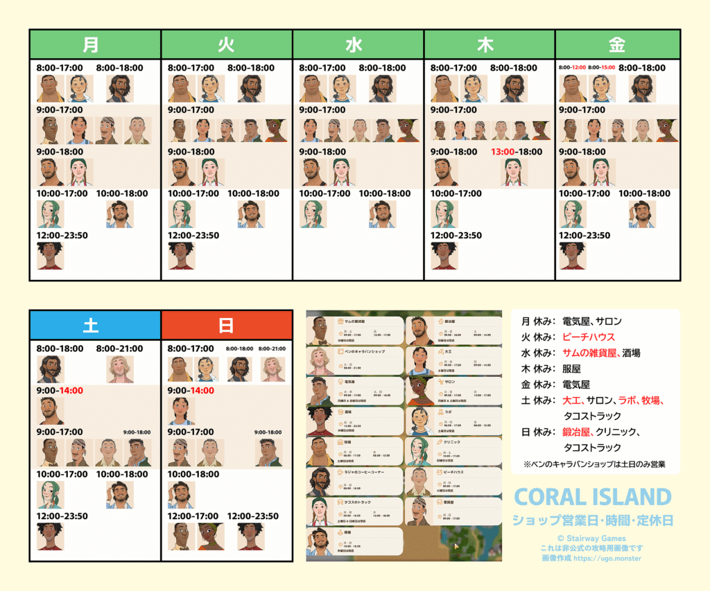 コーラルアイランド攻略画像。店の営業日、時間、定休日まとめ。