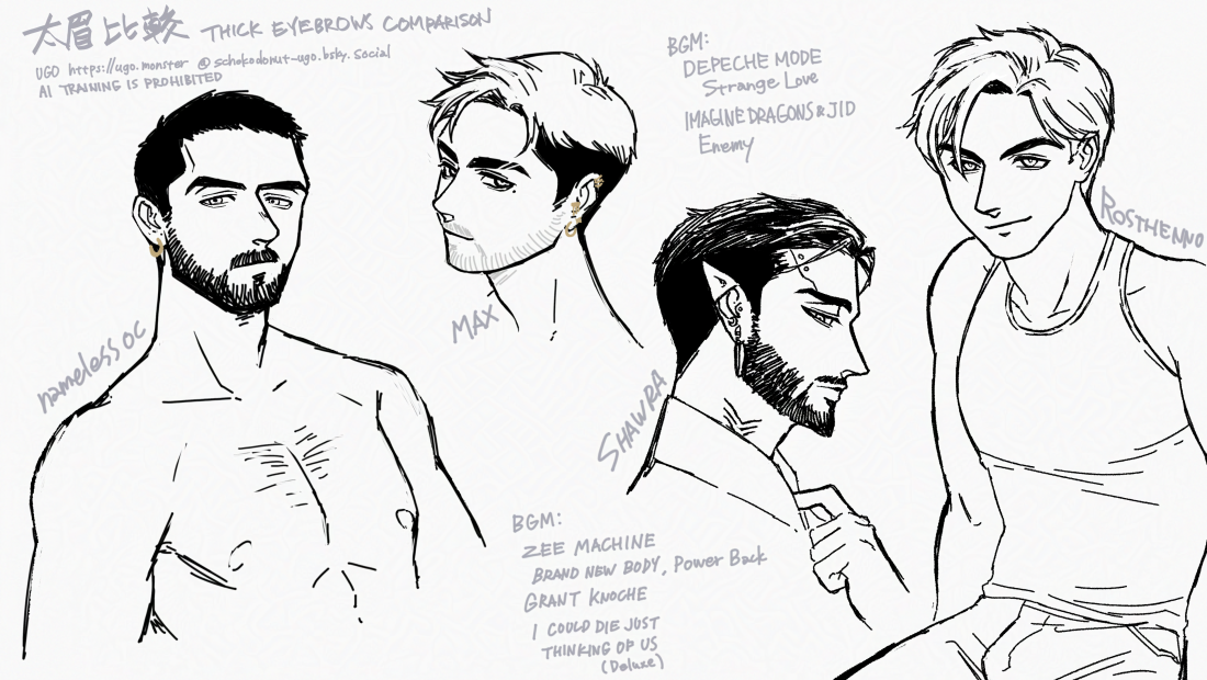 名無しOC1人と既存OC3人のモノクロ落書き。既存OCはマックス、シャウラ、ロステノ。