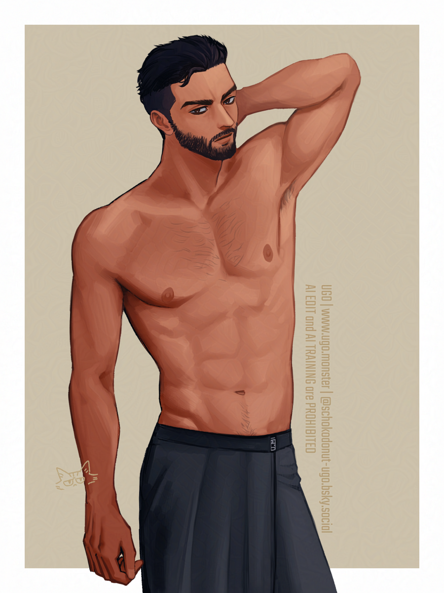 エジプト人風お兄さんOC。黒髪、目はダークブラウン(ほぼ黒)、ヒゲ。