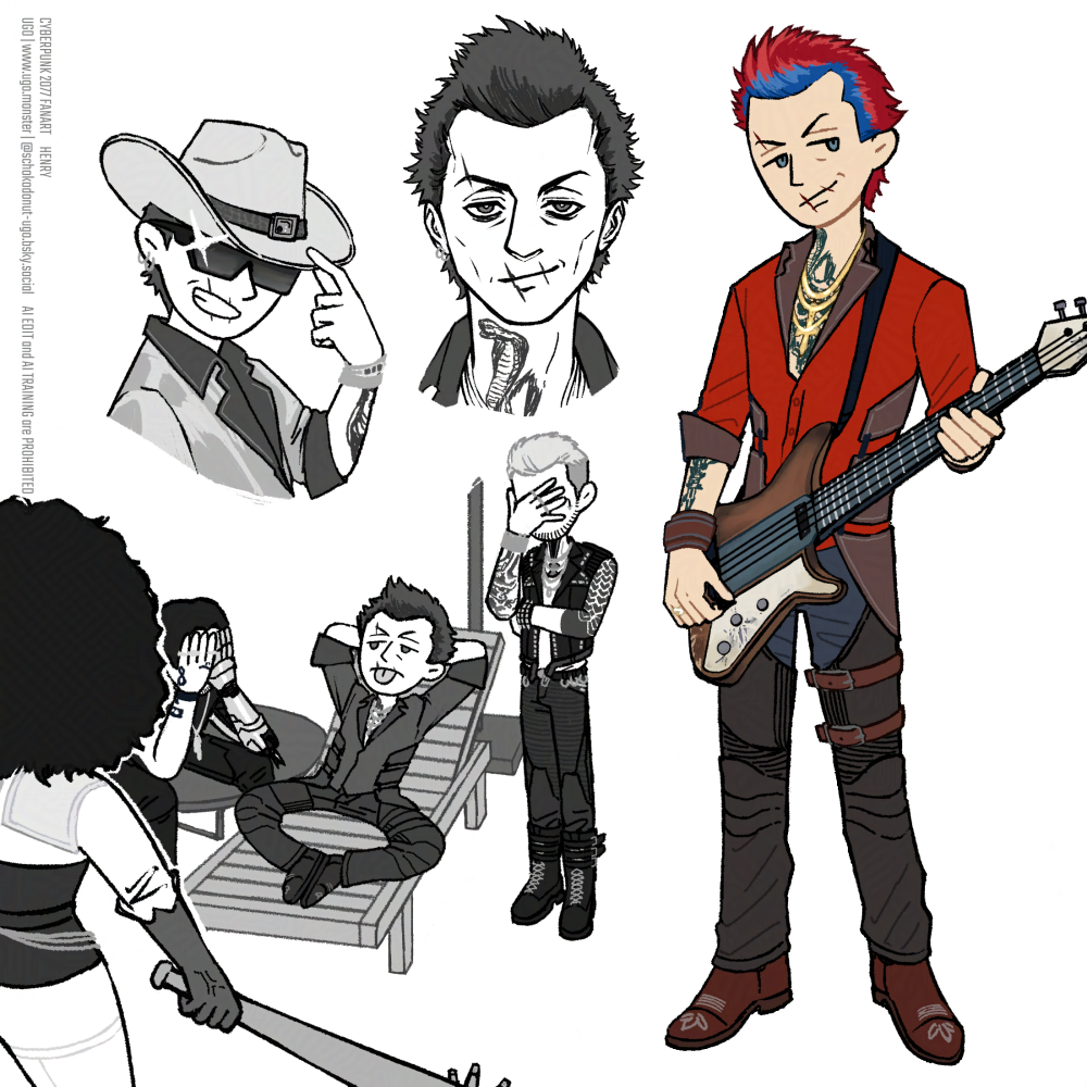 ヘンリーのイラスト4つまとめ。ミニキャラで3つ。全身絵、ライブの時のカウボーイハットヘンリー、デニーにバットで殴られかかっているのに開き直り狂人すぎてメンバーたちを呆れさせる男。あと1つはリアルな顔イラスト。 A collection of four Henry illustrations. Three are small size comic-ish characters. One is a full-body drawing, one is Henry in a cowboy hat at a live performance, and the other one is Henry cares about nothing on the deck chair, even when Denny trying to beat him with a metal bat. Johnny and Kerry can't look at them and face-palming. The other is a realistic drawing of Henry's face.