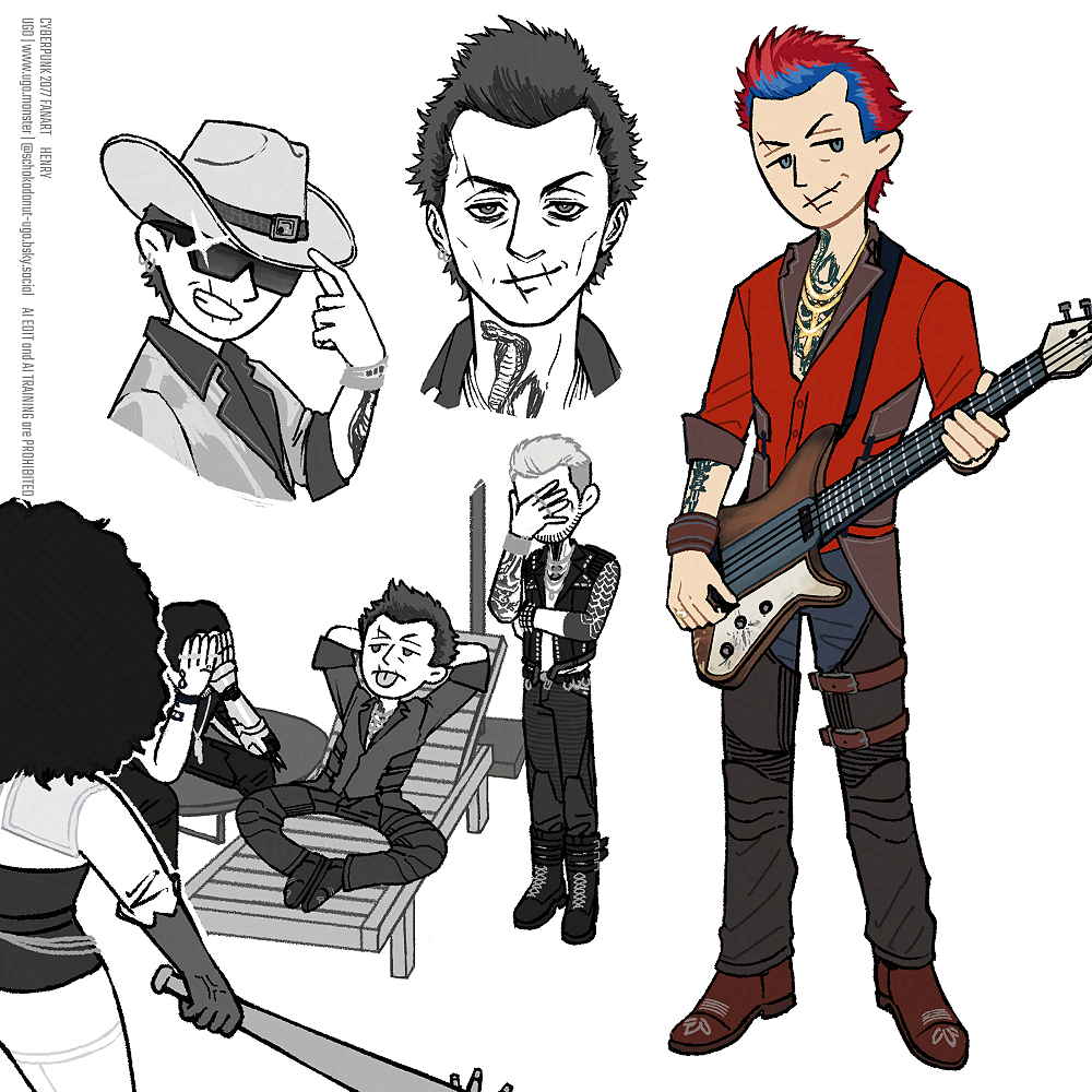 ヘンリーのイラスト4つまとめ。ミニキャラで3つ。全身絵、ライブの時のカウボーイハットヘンリー、デニーにバットで殴られかかっているのに開き直り狂人すぎてメンバーたちを呆れさせる男。あと1つはリアルな顔イラスト。 A collection of four Henry illustrations. Three are small size comic-ish characters. One is a full-body drawing, one is Henry in a cowboy hat at a live performance, and the other one is Henry cares about nothing on the deck chair, even when Denny trying to beat him with a metal bat. Johnny and Kerry can't look at them and face-palming. The other is a realistic drawing of Henry's face.