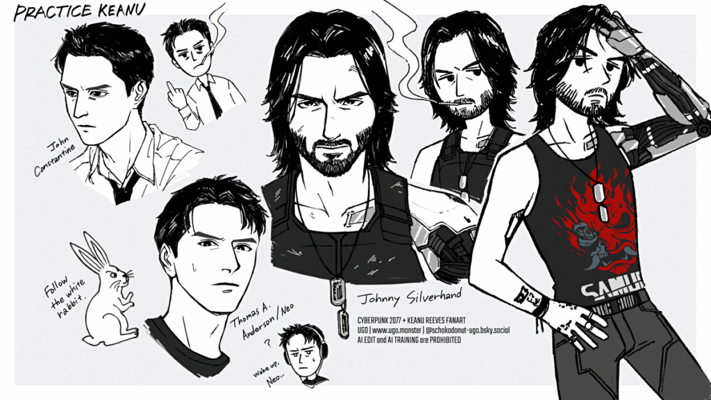 キアヌ・リーヴスの顔練習。ジョン・コンスタンティン、トーマス・A・アンダーソン(ネオ)、ジョニー・シルヴァーハンド。 Keanu Reeves face practice. John Constantine, Thomas A. Anderson / Neo, Johnny Silverhand.