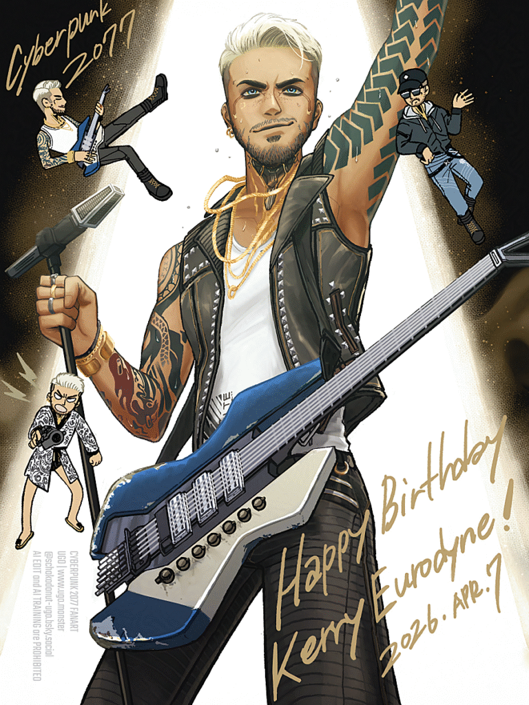 2077 Kerry Eurodyne on stage with his guitar and microphone. Spotlight on him. Comic-like 3 small Kerry around him. 2077年のケリー・ユーロダインがステージに立ってマイクを握っている。スポットライトが彼にあたっている。 コミック風のミニケリー3人が周囲に描かれている。