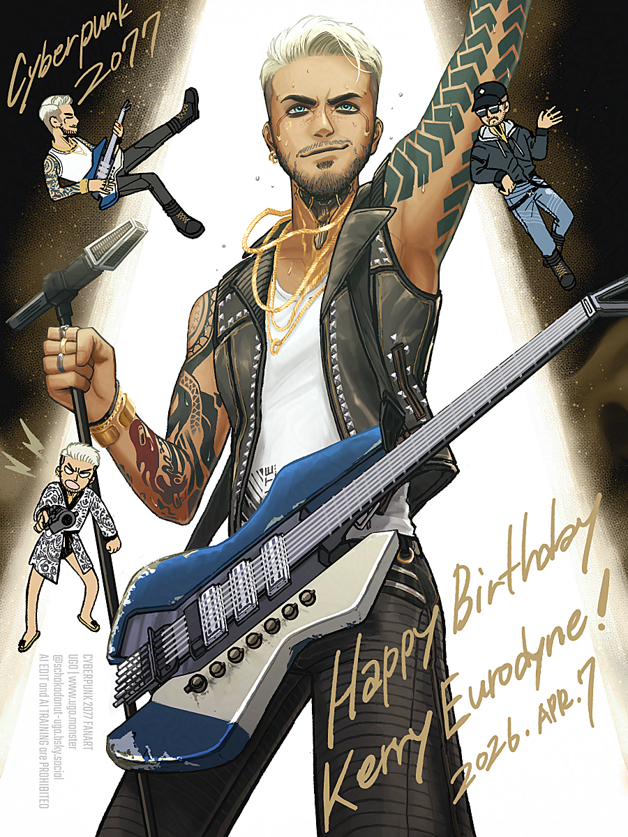 2077 Kerry Eurodyne on stage with his guitar and microphone.
Spotlight on him.
Comic-like 3 small Kerry around him.
2077年のケリー・ユーロダインがステージに立ってマイクを握っている。スポットライトが彼にあたっている。
コミック風のミニケリー3人が周囲に描かれている。