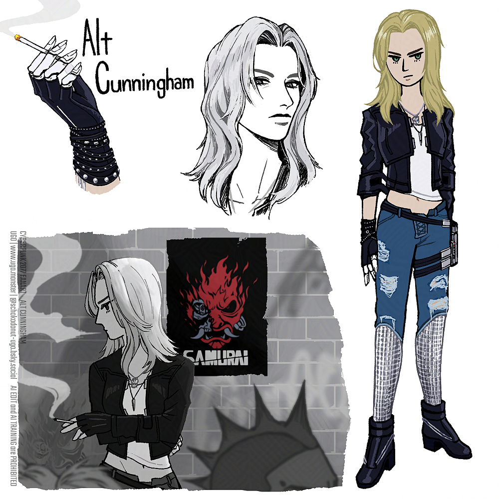 サイバーパンク2077、オルト・カニンガムのイラスト4つまとめ。 ミニキャラ2つ。全身絵と、路地でサムライのポスターを背にタバコを吸っているオルト。 そしてオルトの右手のイラストと、残り1つはリアルな顔イラスト。 Four illustrations of Alt Cunningham from Cyberpunk 2077. Two are comic-like characters. A full-body illustration and Alt smoking a cigarette in an alley with a samurai poster in the back wall. The other is an illustration of Alt's right hand, and the last one is a realistic drawing of her face.