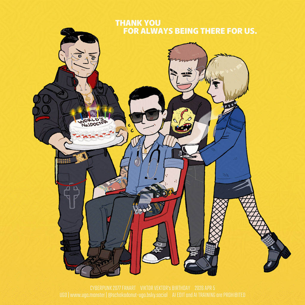 V, Misty and Jackie celebrating Viktor Vektor's birthday.
V massaging Vik's shoulder, he is sitting on a chair. Misty bringing tea and Jackie holding a birthday cake on the plate with both hands.
Vik smiling a bit but slightly blushing.

Vとミスティとジャッキーがヴィクターの誕生日を祝っている。
Vは椅子に座っているヴィクの肩をもんでいる。ミスティはお茶を持ってきて、ジャッキーは皿にのせたバースデーケーキを両手で持っている。
ヴィクは少し微笑みつつ、ちょっとだけ照れている。