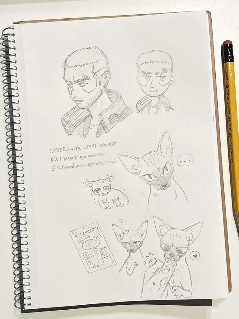 ノートに描かれたVとニブルスのアナログファンアート。リアルめVとミニV。
子猫ニブと静かに要求する大人ニブ、そして猫を虜にする例のおやつを食べているニブルス。

Analog fanart of V and Nibbles on notebook. Realistic V and comic-ish V.
Baby Nibbles and adult, silently demanding Nibbles and Nibbles eating cat treat.