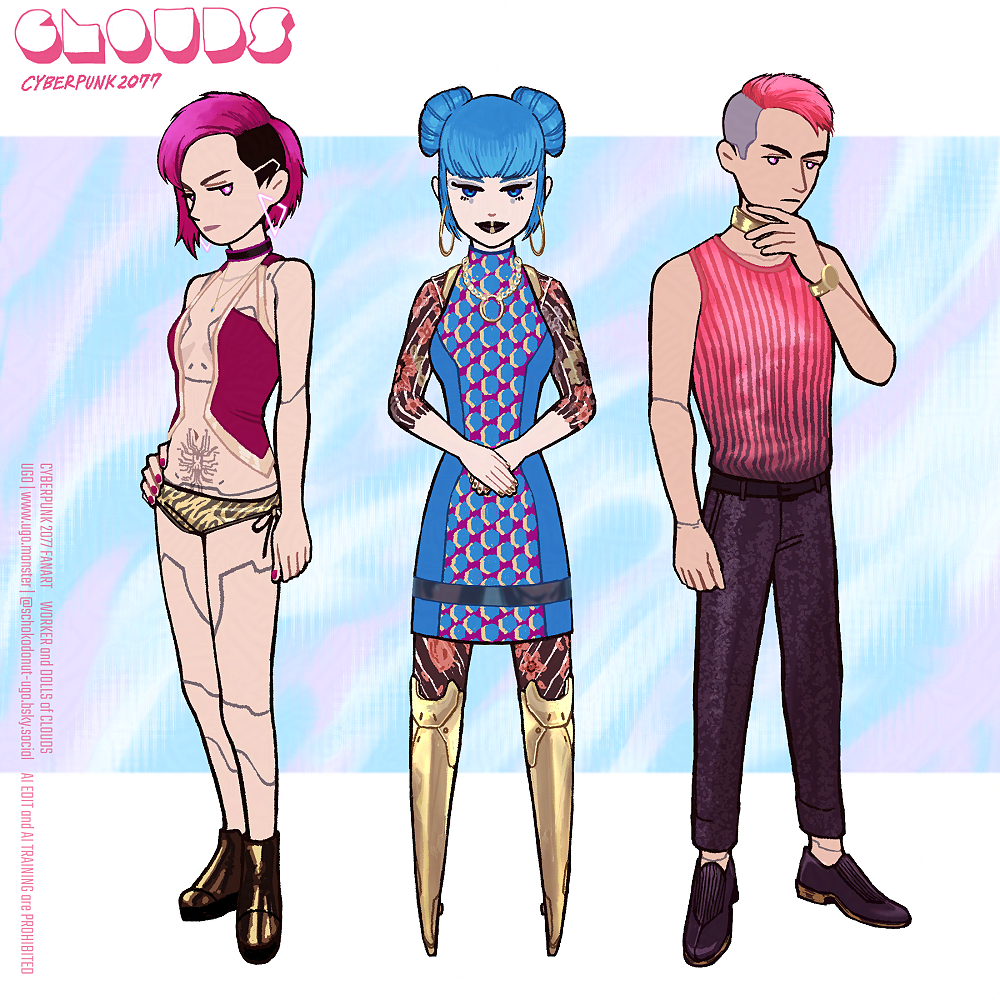 クラウズで働く3人のミニキャラカラーイラスト。 真ん中が受付の人、その人を挟んでスカイとエンジェル。 左上にクラウズの店のロゴ、背景に青とピンクの煙か波のような抽象的模様。 A color illustration of three characters working at Clouds. In the middle is the receptionist, flanked by Skye and Angel. Clouds logo is in the upper left, with an abstract pattern of blue and pink smoke or waves in the background.