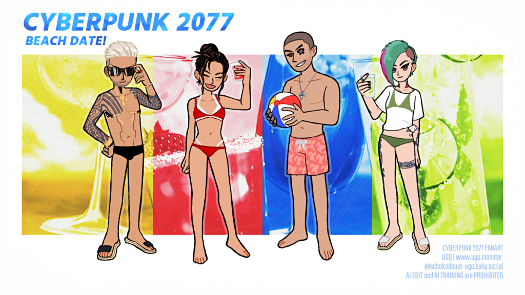 ケリー、パナム、リバー、ジュディの水着イラスト。ジュディだけは水着の上に、水着のプリントが入ったTシャツを着ている。ケリーはサングラスをかけて、パナムは笑顔で、リバーはビーチボールを持って、ジュディはカクテルを持ってこっちを向いている。V/あなたに呼びかけているような様子。背景は4色のカクテルのイラスト。

An illustration of Kerry, Panam, River, and Judy in swimwear. Judy is the only one wearing a T-shirt over her swimsuit, a shirt that features a print of the moss green bikini. Kerry is wearing sunglasses, Panam is smiling, River is holding a beach ball, and Judy is holding a cocktail while they are facing toward the viewer, appearing as if they are calling out to V (you). The background features illustrations of four-colored cocktails. The colors are yellow, red, blue and green.